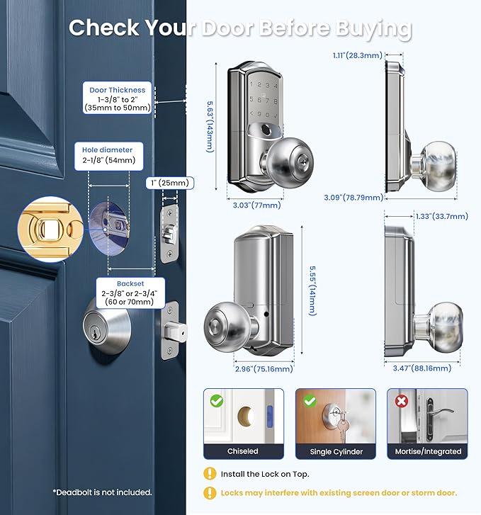 Veise VE028 Built-in Wi-Fi Smart Lock with Knob, Fingerprint Keyless Entry with Handle, App Remote & Voice Control, Electronic Digital Keypad for Front Door and Bedroom, IP65 Waterproof, Satin Nickel