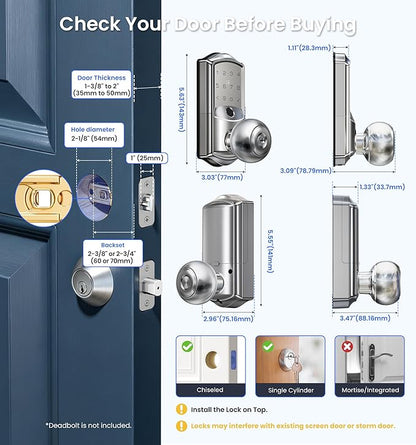 Veise VE028 Built-in Wi-Fi Smart Lock with Knob, Fingerprint Keyless Entry with Handle, App Remote & Voice Control, Electronic Digital Keypad for Front Door and Bedroom, IP65 Waterproof, Satin Nickel