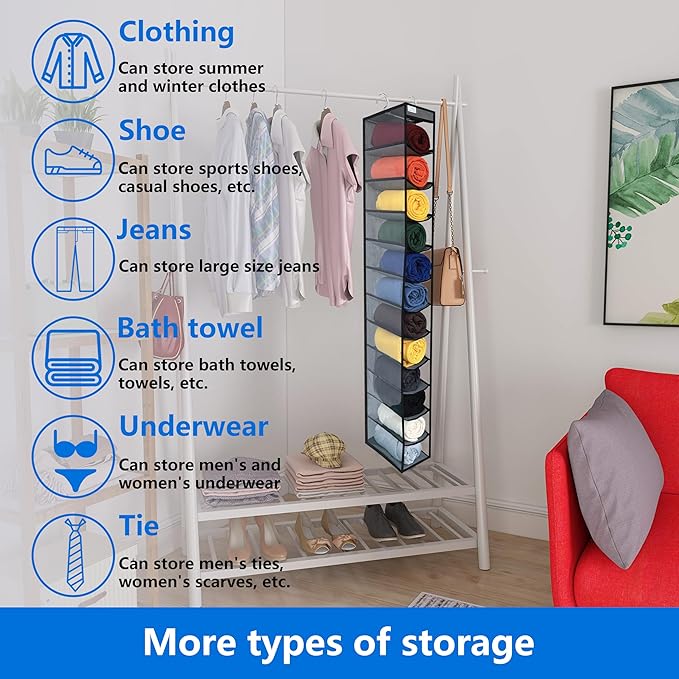 Closet Organization,12 Section,Hanging Closet Organizer,Space Saving, College Dorm Essentials for Girls, Heavy dutys Hooks Up to 45 Pounds, Clothes Storage,Closet Organizer,Grey/Black