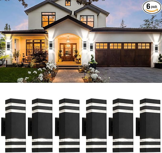 tewei 6 Pack Outdoor Wall Lights, Black Exterior Light Fixture Wall Mount Modern Outdoor Lights for House, Waterproof Aluminum Up and Down Porch Lights Outside Wall Sconces for Garage Porch, 2-Layer