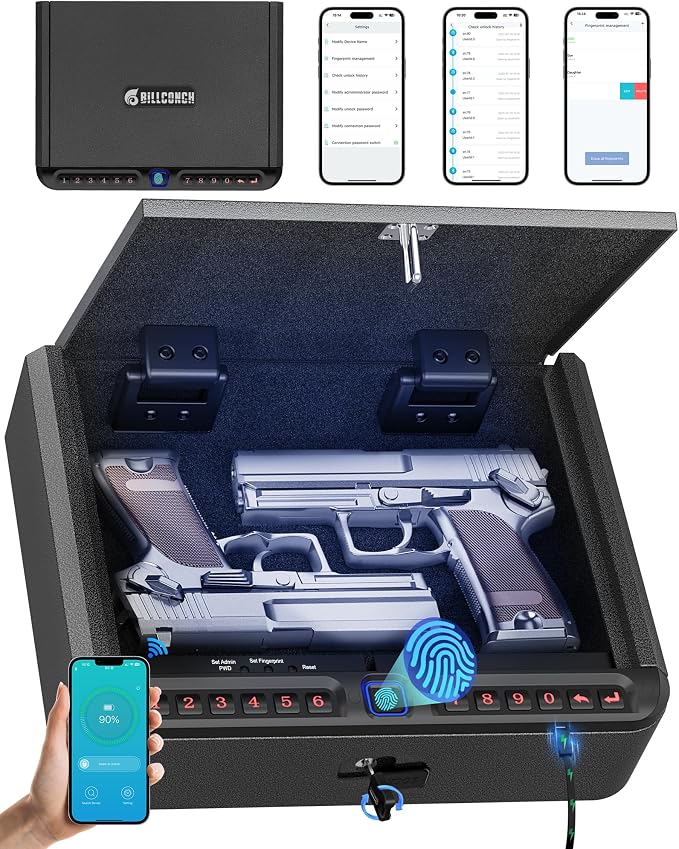 BILLCONCH Gun Safe for Handgun with Fingerprint, App, 0–9 Numeric Keypad | Smart Pistol Safe with 4 Quick-Access Methods, Built-in LED Light, Ideal Steel Biometric Handgun Safe for Nightstand and Home