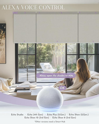 Graywind Smart Coupled Roller Shades Compatible with Alexa Google Custom Size Extra Large Motorized Blinds for Windows(Beige White)