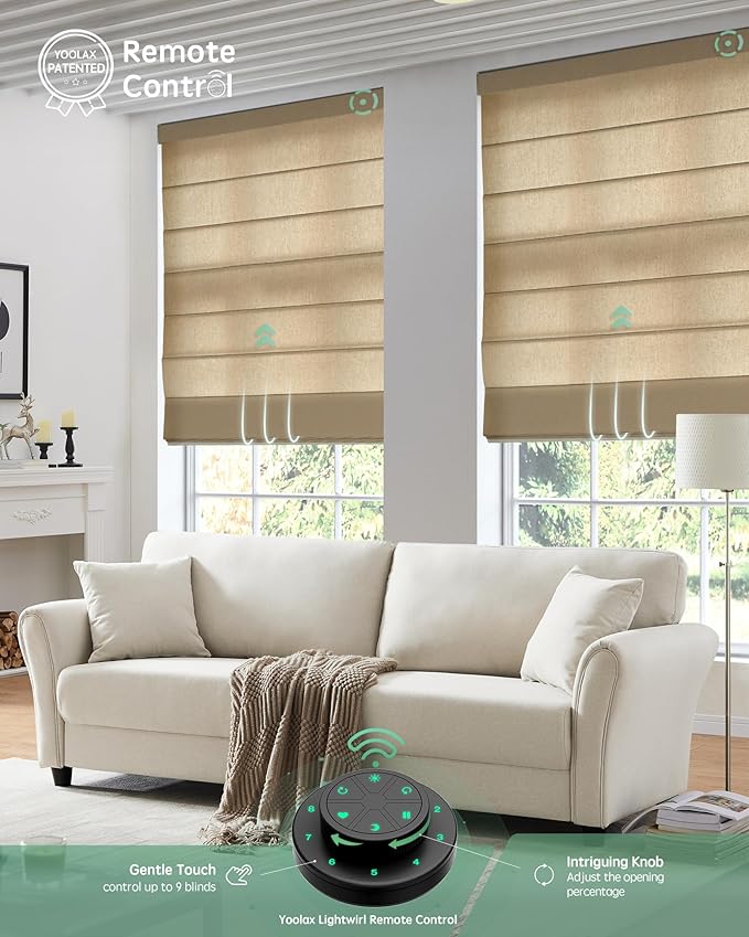 Yoolax Motorized Roman Shades with Remote, Smart Roman Shades for Indoor Windows, Light Filtering Automatic Blinds Work with Alexa, Google, Apple Homekit for Living Room, Customized (Haystack Yellow)