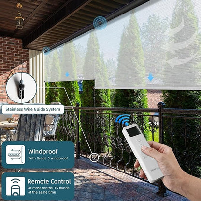 Motorized Outdoor Roller Shades,Patio Roll Up Blind Work with Alexa,Google Home,Apple Homekit,Remote Control Sun Shade,Waterproof &Windproof Smart Blinds for Porch,Sirus Grey, 5% Openness