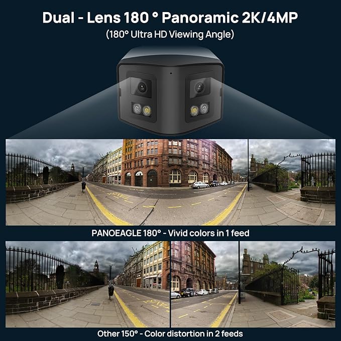 PANOEAGLE 4MP Dual Lens PoE IP Security Camera Outdoor with 180° Panoramic Wide Angle,Smart Color Night Vision,Smart Motion Detection,2-Way Audio & Micro SD Slot(512G),IP67 Waterproof,NDAA Complaint