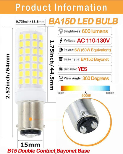 BA15D Led Bulbs 6W Dimmable 120V,B15 Double Contact Bayonet Base,Daylight White 6000K,60W JD Type T3/T4 Halogen Equivalent Replaces for Pendants Ceiling Fans Sewing Machine Light(6-Pack)