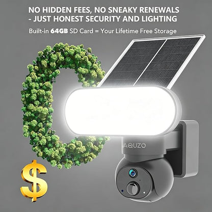 Floodlight Camera Solar Powered, 1500 Lumens Security Light, 2K Wireless Outdoor Cam with 360° PTZ, Human/Vehicle/Animal AI Detection, Color Night Vision, 64GB Local Storage, No Monthly Fee