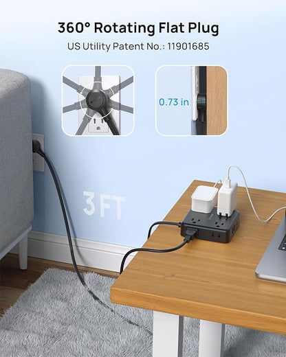 TROND Power Strip, 360° Rotating Flat Plug, 8 Widely Spaced Outlets, 2U2C, Flat Plug Extension Cord 3ft, 1440J Surge Protector, 1625W, Black