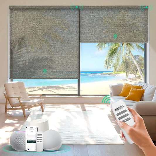 HeyBlinds Motorized Blinds with Remote, Smart Roller Shades with App & Voice Control, Work with Alexa Google HomeKit, Light Filtering Custom Shades for Living Room Office (Light Chaser-Coffee LF)