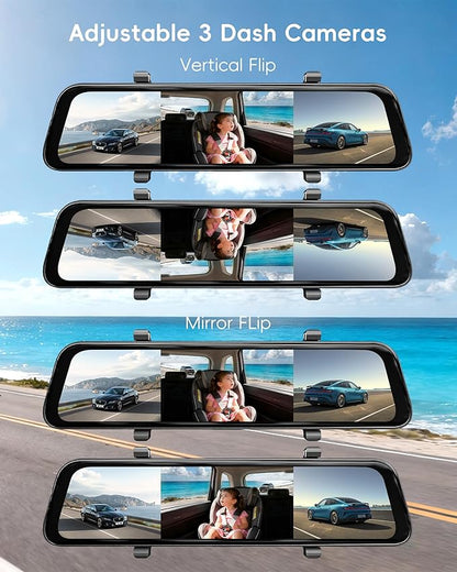 2026 12'' 4K Rear View Mirror Camera with STARVIS 2 Sensor,4K+2.5K Front and Rear Mirror Dash Cam+1080P Inside Car Camera for Baby,WiFi,GPS,APP,Free 128G SD Card,Dash Camera for Cars Safety