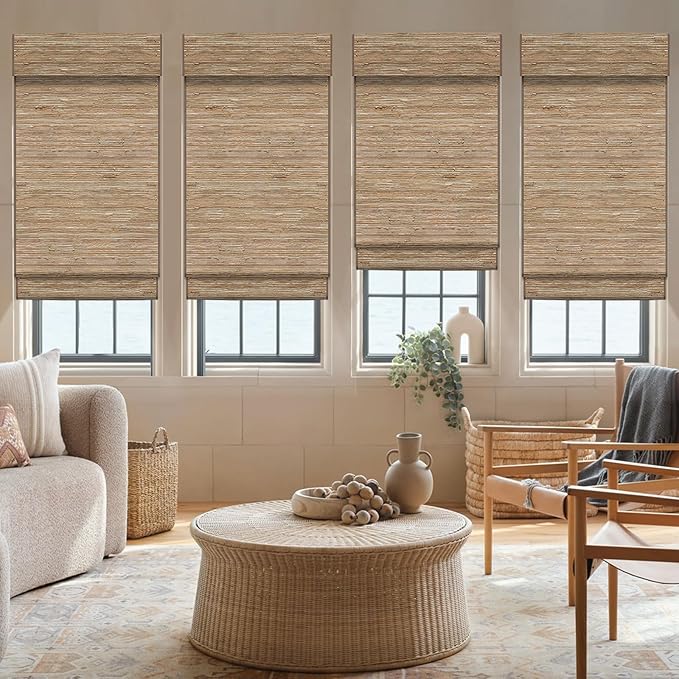 Motorized Roman Woven Woods Shades Work with HomeKit/Alexa/Google Home, Cordless Motorized Roman Shades,Electric Roman Blinds Custom Size,Crocheting Brown
