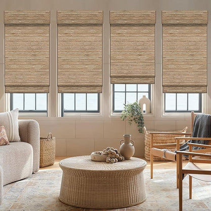 Motorized Roman Woven Woods Shades Work with HomeKit/Alexa/Google Home, Cordless Motorized Roman Shades,Electric Roman Blinds Custom Size,Crocheting Brown