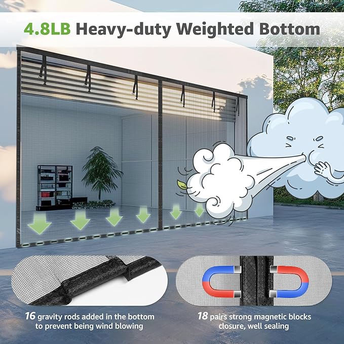 Garage Door Screen - 1 Car 9x8Ft Magnetic Closure Heavy Duty Weighted Bottom Screen Self Sealing Fiberglass Mesh Retractable Net-Easy Assembly&Pass-Through(Black)