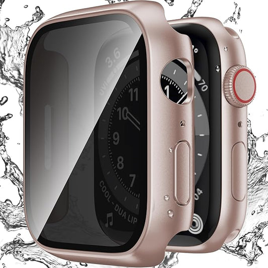 Waterproof Privacy Case Compatible with Apple Watch Series 6/5/4/SE2/SE 44mm with Anti-peep Screen Protector, iWatch Face Cover Protective Bumper for iWatch Case 44mm Rose Gold