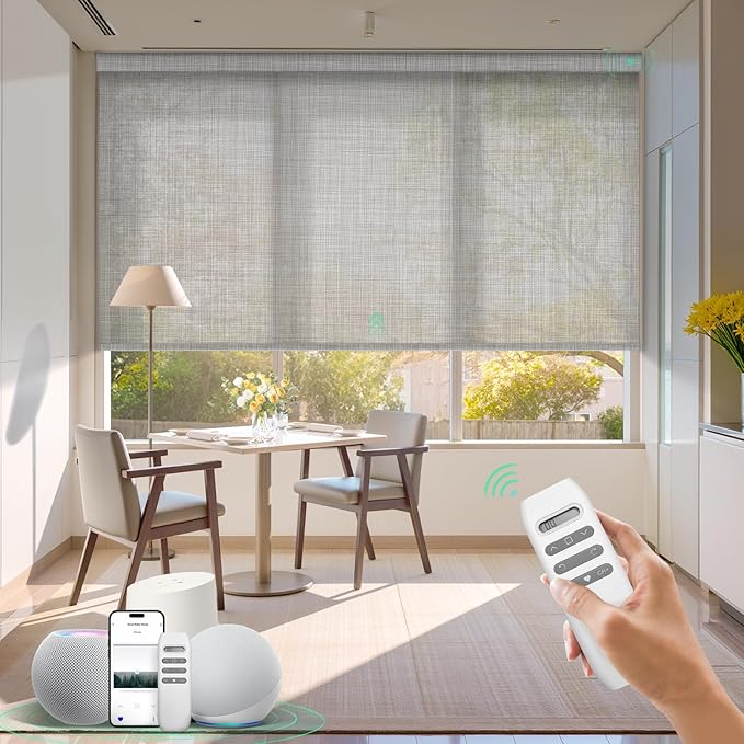 HeyBlinds Motorized Solar Shades with Remote, Light Filtering Mesh Roller Shades, Flame Retardant Smart Blinds, UV Blocking, Alexa Google HomeKit Compatible, Custom Size (Ash Grid-5% Openness)