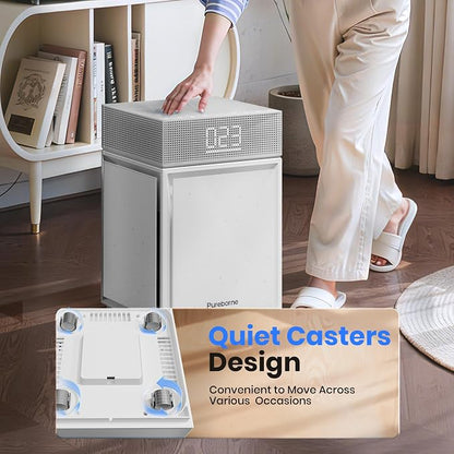 Air Purifiers for Smoke Up to 3600 Ft², Pureborne HEPA Air Purifiers for Home Large Room with PM 2.5 Sensor for Wildfire Smoke Odor Fur, Three-Sided Air Inlet, Auto Mode, Sleep Mode, Beige, 1 Pack