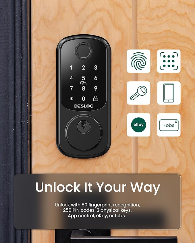 DESLOC Smart Door Lock B200, Smart Deadbolt Lock, Keyless Entry Door Lock, Fingerprint Smart Lock, Smart Locks for Front Door, App Control, Touchscreen Keypad Deadbolts,12-Month Battery, BHMA Grade3