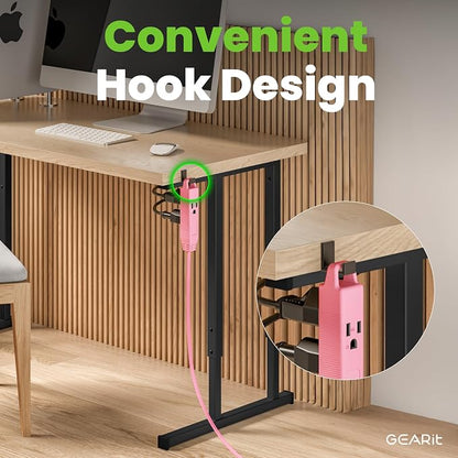 GEARit 10 ft 360° Rotating Flat Plug Extension Cord, 3 Outlet Low Profile Power Cord, 16 AWG 13A 3 Prong Grounded Indoor Cord, ETL Listed, Space-Saving for Furniture, Pink