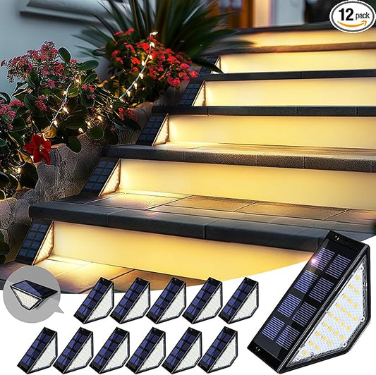 PATIOWIN Solar Step Lights for Outside,24 LEDs Solar Stair Lights Waterproof IP65,Solar Deck Lights Outdoor for Yard, Porch, Front Door, Stair, Step, Patio, Deck(12 Pack, Warm White)