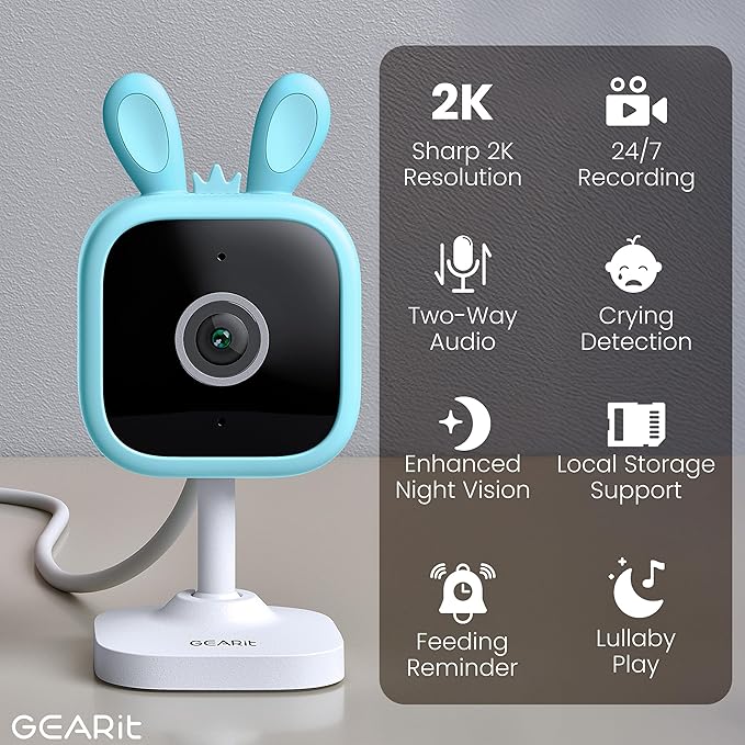 GEARit Baby Monitor with Camera & Audio 2K Video with Motion & Crying Detection, 2 Way Audio Easy WiFi Setup, Remote Monitoring - Easy to Set Crib Monitor with Adjustable Stand