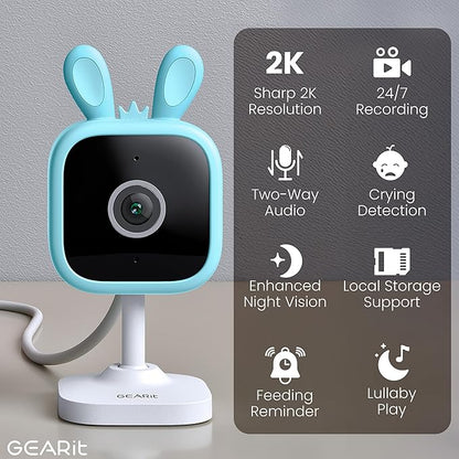 GEARit Baby Monitor with Camera & Audio 2K Video with Motion & Crying Detection, 2 Way Audio Easy WiFi Setup, Remote Monitoring - Easy to Set Crib Monitor with Adjustable Stand