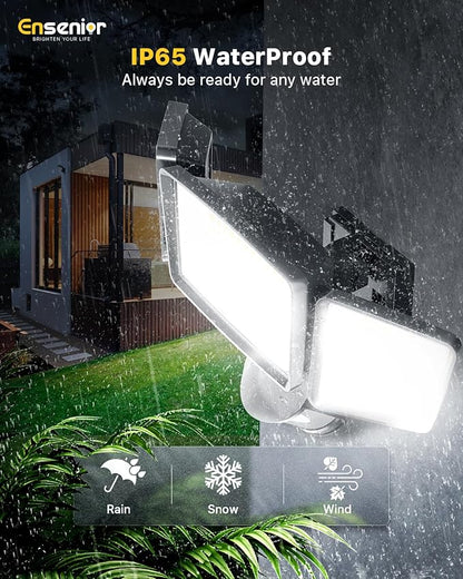 Ensenior Solar Security Lights, Wide Beam Flood Light 6500K Super Bright for Driveway Backyard Garden, Remote Control Motion Lights, Weather-Resistant Exterior Lighting, 1800LM Lumen, Black, 2-Pack