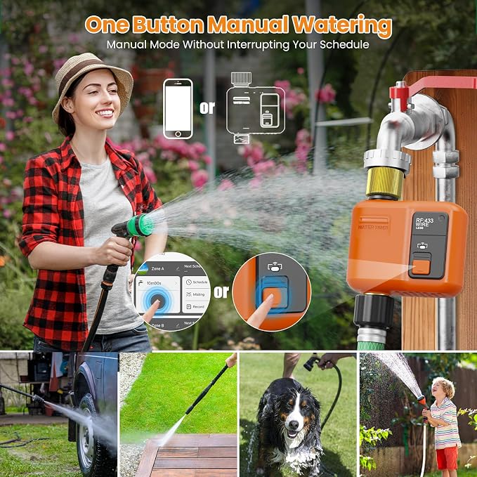 WiFi Water Timer for Garden Hose, Smart Sprinkler Timer with 984ft Long Range, Strong Wall Penetration, APP & Remote Control, Voice Control, Rain Delay, Manual Mode, Watering System