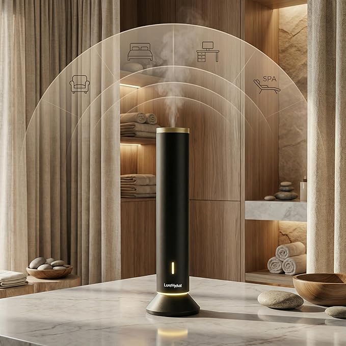 Waterless Essential Oil Diffuser: Smart App & Remote Control, 4000 Sq Ft Coverage, Quiet Aroma Diffuser for Large Room Home Hotel Office, Up to 20H Runtime, 360° Light & Time (Black, Cylindrical)