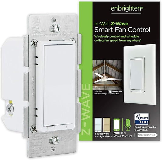 Enbrighten Z-Wave Plus Fan Control, Works with Alexa, Google Assistant, 3-Way Compatible, ZWave Hub Required, Repeater/Range Extender, Smart Ceiling Fan Control, Smart Switch, White & Almond, 14314