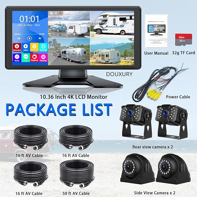 RV Backup Camera for RV Truck Semi Truck Trailer, 4K 10.36" Touch Monitor with Recording DVR MP5 Bluetooth Adjustable Parking Assist Line & Four 1080P AHD IP69 Waterproof Rear Side View Backup Cameras