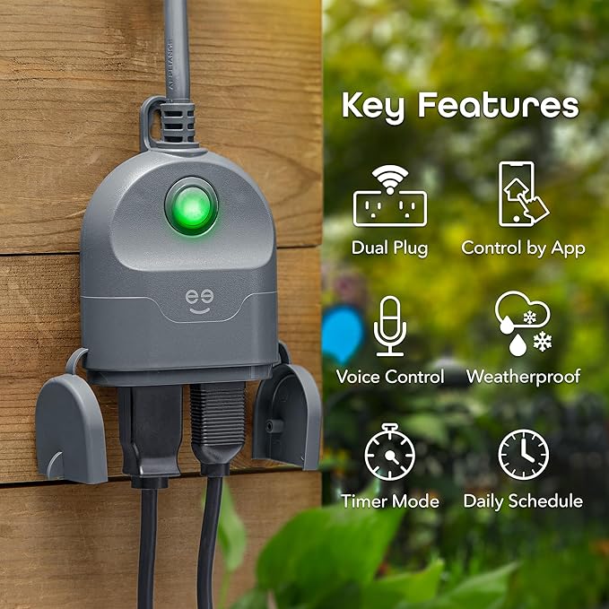 Geeni Outdoor Duo Wi-Fi Smart Plug, Weatherproof Dual Socket, Wireless Remote Control, Works with Alexa & Google Home, 2 Outlets