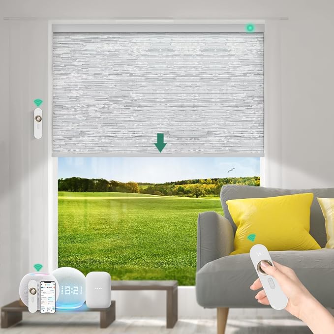 Motorized Blinds with Remote [100% Blackout & Silent Motor] Smart Blinds Compatible with Alexa Google HomeKit, Electric Roller Shades for Indoor Windows, Customized Size, Lace Grey