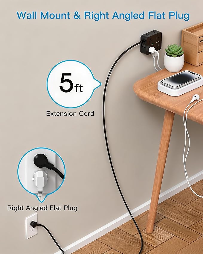 Power Strip Surge Protector, Extension Cord with 8 Widely Spaced AC Outlets