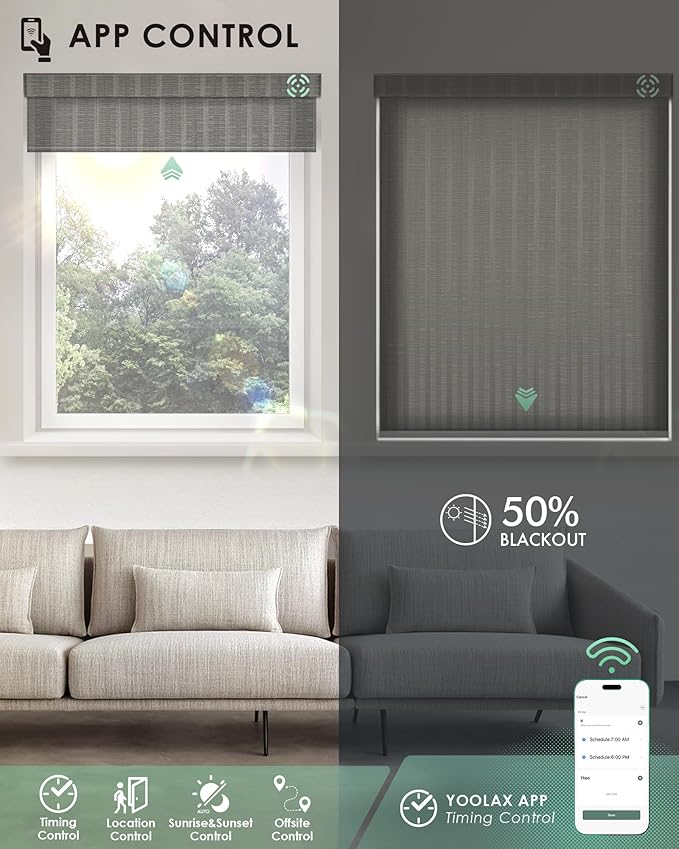 Yoolax Motorized Blinds with Remote, Light Filtering Smart Blinds Compatible with Alexa Google Home, Automatic Shades for Windows Living Room, Custom Size (50% Blackout V-Jungle Green)