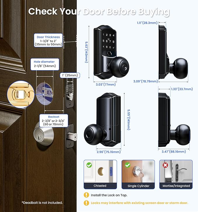 Veise VE028 Built-in Wi-Fi Smart Lock with Knob, Fingerprint Keyless Entry with Handle, App Remote & Voice Control, Electronic Digital Keypad for Front Door and Bedroom, IP65 Waterproof, Matte Black