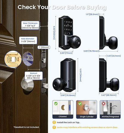 Veise VE028 Built-in Wi-Fi Smart Lock with Knob, Fingerprint Keyless Entry with Handle, App Remote & Voice Control, Electronic Digital Keypad for Front Door and Bedroom, IP65 Waterproof, Matte Black