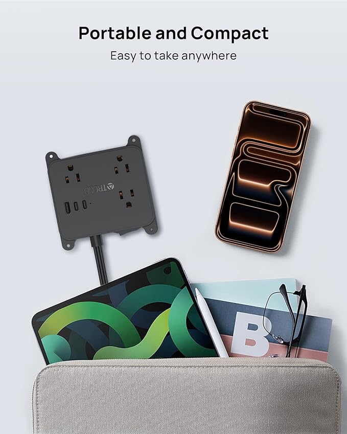 TROND Ultra Thin Flat Extension Cord, Flat Plug Power Strip with 3 USB Charger, 3 AC Outlets Desktop Charging Station, Wall Mount Low Profile Power Strip for Home, Bedroom, Dorm Room Essentials Black