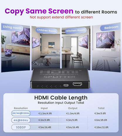 avedio links 4K HDMI Splitter 1 in 4 Out with Hdmi 2.0 Cable, HDMI Video Distributor 1X4 Mirror Duplicate 1 Source to 4 Displays (Only Mirror, Not for Extended), Support 1080P@60Hz, 3D, PS5, HDTV