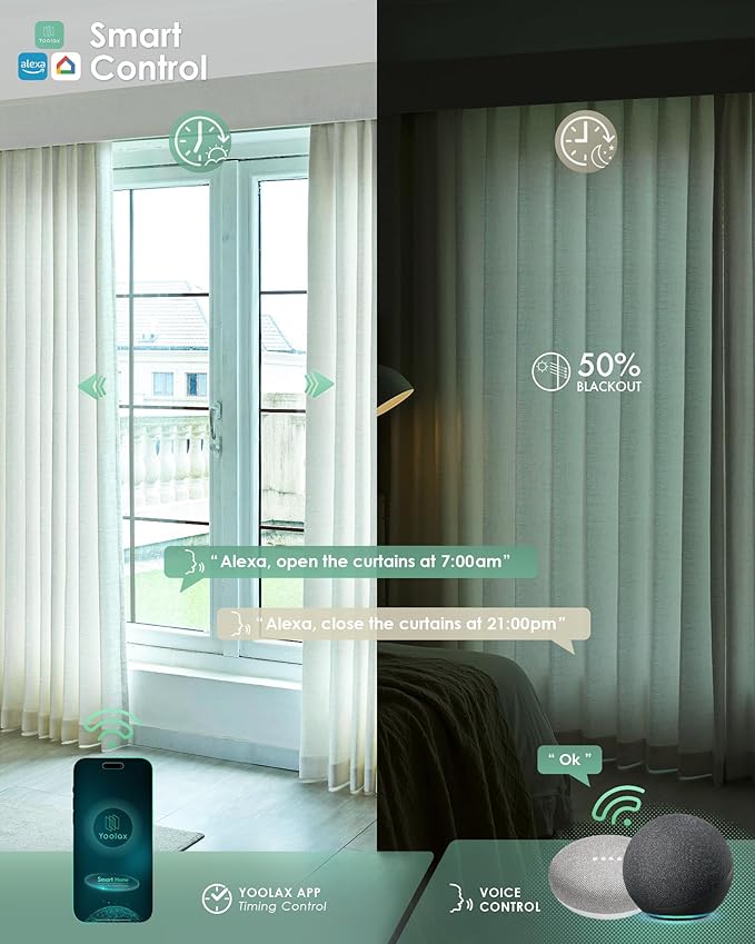 Yoolax Motorized Curtains with Remote, Blackout Curtains with Voice Control, Smart Retractable Shades for Living Room, Bedroom, Compatible with Alexa Google Home, APP Control, Custom Size, White