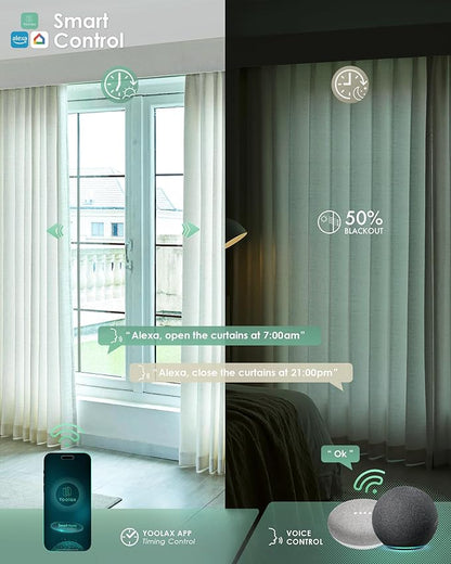 Yoolax Motorized Curtains with Remote, Blackout Curtains with Voice Control, Smart Retractable Shades for Living Room, Bedroom, Compatible with Alexa Google Home, APP Control, Custom Size, White