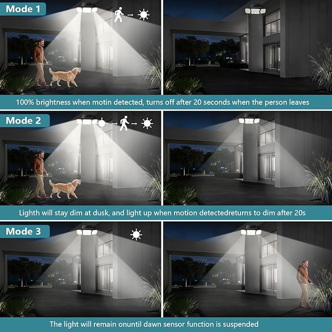 Solar Lights Outdoor Waterproof- 2800LM 200LED Solar Motion Sensor Lights, 3 Heads & 3 Modes Flood Lights, 270° Wide Angle Solar Powered Security Lights for Yard, Garage(1 Pack)