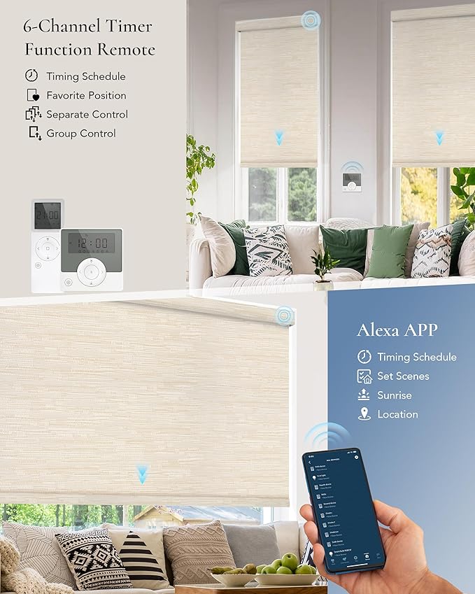 Motorized Blinds Compatible with Alexa Google 100% Blackout Smart Blind Automatic Window Roller Shades Remote Control Custom Size Jacquard Beige