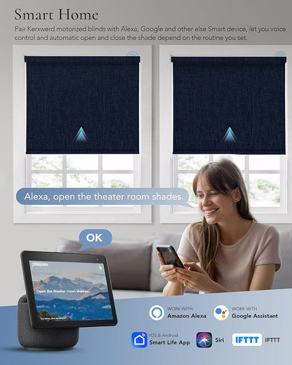 Motorized Blinds Compatible with Alexa Google 100% Blackout Smart Blind Automatic Window Roller Shades Remote Control Custom Size Double-Sided Fabric Blue