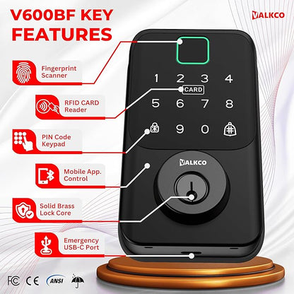 VALKCO Smart Deadbolt V600BF – Smart Door Lock for Front Door, Keyless Entry Door Lock with Fingerprint, Touch Keypad, RFID Card and Mobile App Control, Auto Lock, DIY Easy Install, IP65 Weatherproof.