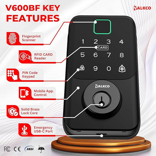 VALKCO Smart Deadbolt V600BF – Smart Door Lock for Front Door, Keyless Entry Door Lock with Fingerprint, Touch Keypad, RFID Card and Mobile App Control, Auto Lock, DIY Easy Install, IP65 Weatherproof.