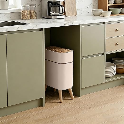suyika Automatic Trash Can, 2.6 Gallon/10L Bathroom Trash Can with Lid - Wood Grain Lid and Legs, Touchless Waterproof Garbage Bin for Bedroom, Bathroom, Office, Living Room