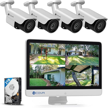 4COVR 4K PoE Security Camera System with Monitor, 8CH 8MP H.265 UHD NVR with Monitor Pre-Installed 2TB HDD, 4Pcs 8MP IR Bullet Wired PoE IP Camera IP67, Person Vehicle Detection, LY37EX8MU804