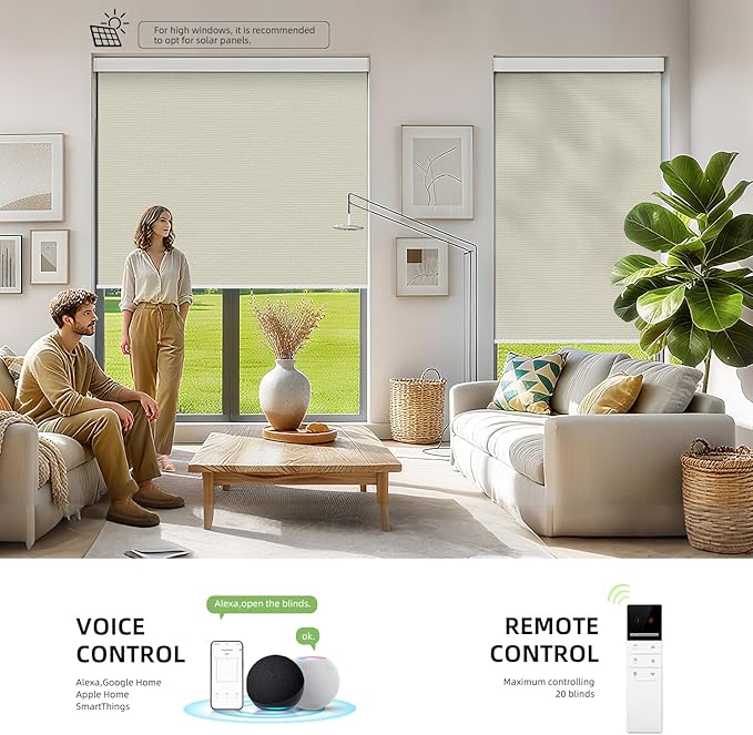 ZSTARR Motorized Blinds with Remote,Full Blackout Smart Mini Window Blinds Shades Rechargeable Roller Shades for Home Custom Size (Beige Yellow)