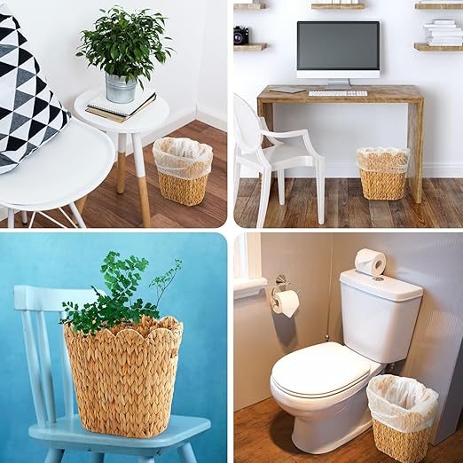 Ziliny 2 Pcs Wicker Trash Can with 50 Small Trash Bag Wicker Waste Woven Basket with Handles Clear Multi Use Garbage Bags for Bathroom Kitchen Bedroom (Calabash Vine,Scalloped Brim)