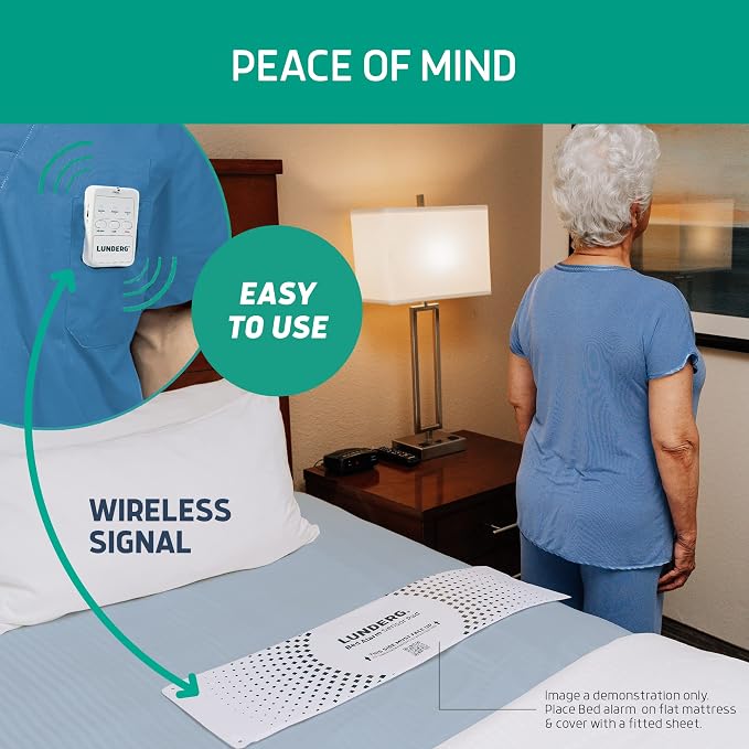Lunderg Bed Alarm System with Call Button, Wireless Bed Sensor Pad (10" x 30") & Pager - Bed Alarms and Fall Prevention for Elderly